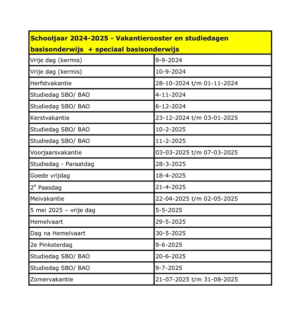 Vakantierooster Het Gele Park